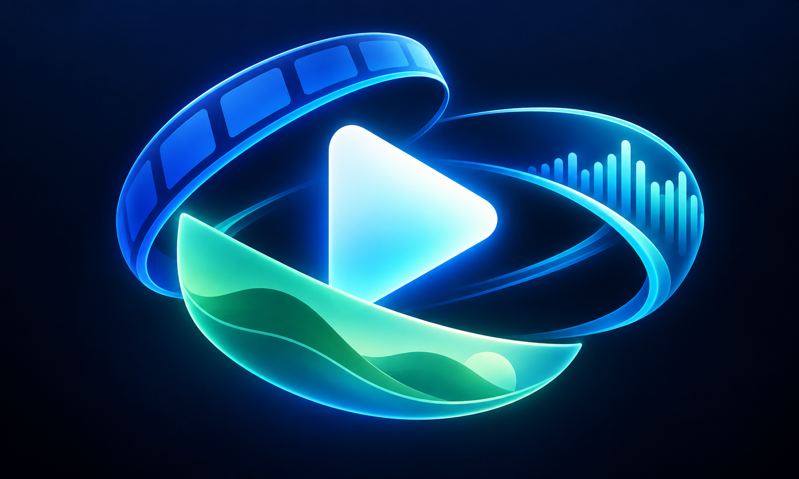 Simple Media Streamer app artwork: a glowing play symbol surrounded by film, music and photo ribbons